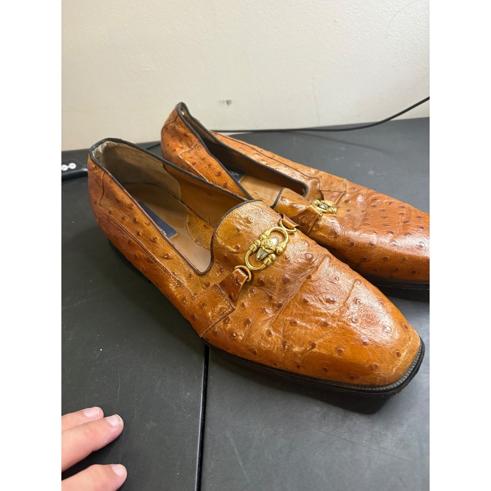 Giorgio Brutini Ostrich Leather Loafers Mens 14M Tan Gold Horsebit 806524